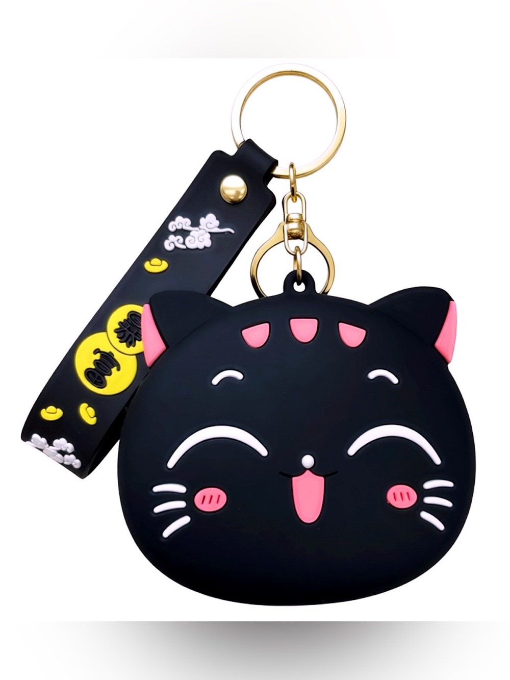 Kawaii Black Lucky / Money Cat Zipper Pouch Bag Silicone Keychain Bag Charm